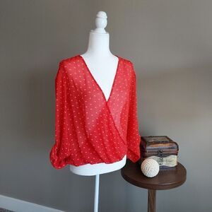 Decree Blouse Red Sz M Wrap style Sheer